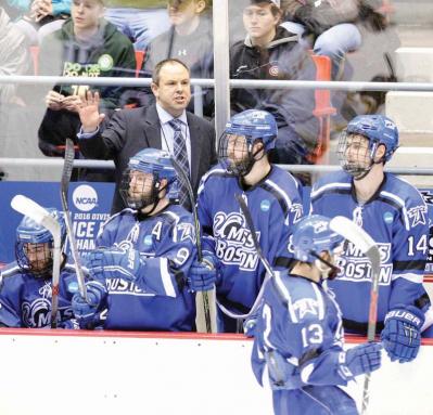 UMass Boston’s men’s hockey team was led by Coach Peter Belisle. 	Paul Brandon photo